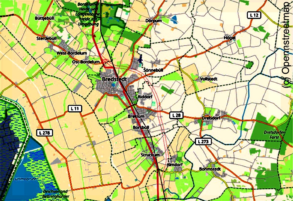 Das mögliche Fahrgebiet für den Bürgerbus Bredstedt und Umland. Karte (c) Openstreetmap